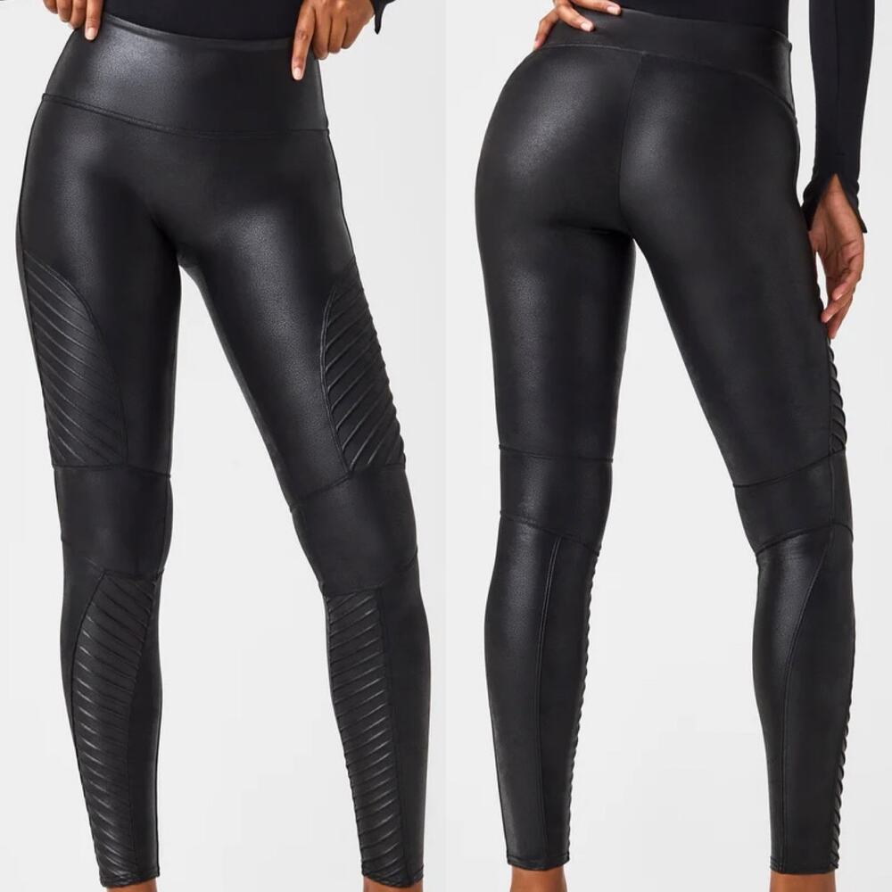 Spanx Faux Leather Moto Leggings Tights In Very Black Ankle Length Size Large
